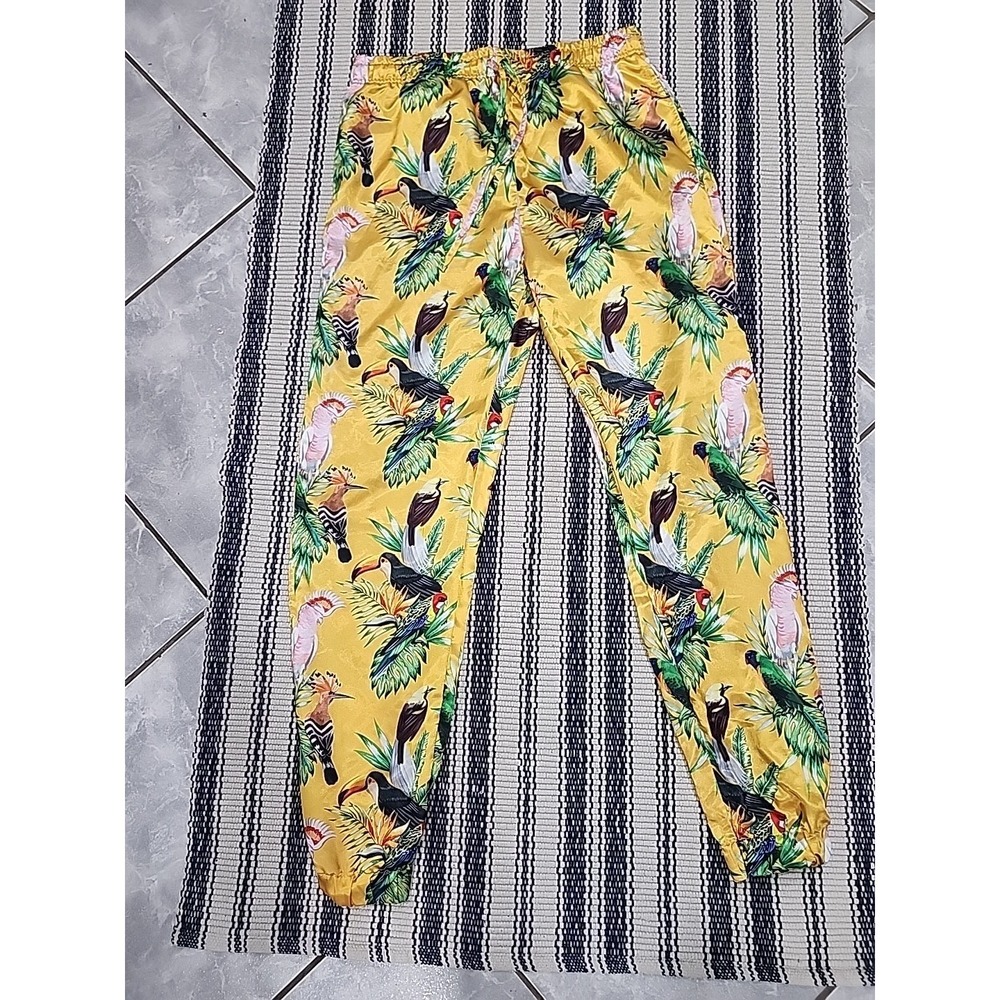 Mad Engine Gold Tropical Birds AOP Satin Pants Men's Large